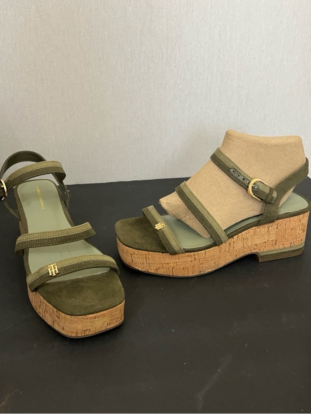 Tommy Hilfiger Olive Suede Cork Platform Sandals